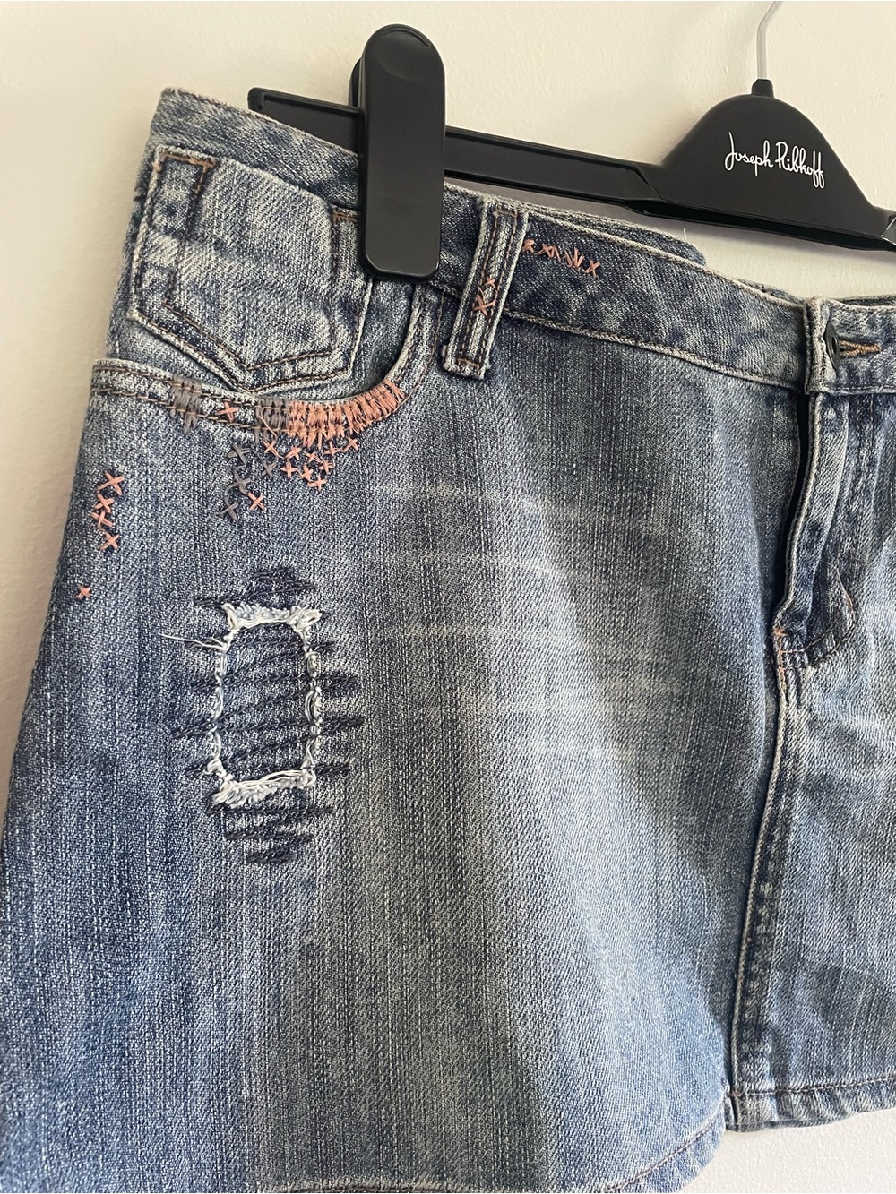 Vintage Distressed Embroidered Denim Mini Skirt - Light Blue with Pink Stitching